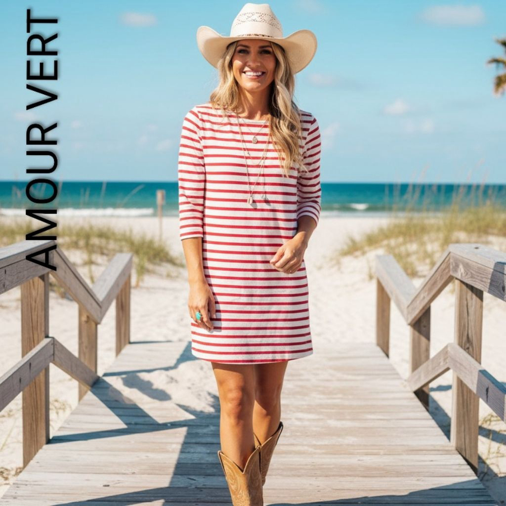 Women's Amour Vert Red White Stripe Mini Dress S coastal cowgirl Western preppy